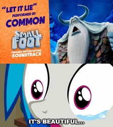 Size: 2003x2245 | Tagged: safe, dj pon-3, vinyl scratch, pony, unicorn, epic wub time, g4, caption, common, crying, eye shimmer, high res, image macro, it's beautiful, let it lie, meme, smallfoot, stonekeeper, tears of joy, text