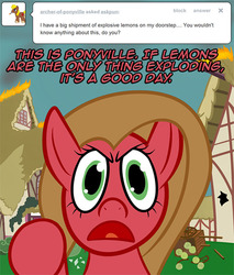 Size: 682x800 | Tagged: safe, artist:haloprime, oc, oc only, oc:pun, earth pony, pony, ask pun, angry, ask, cart, female, fire, mare, solo
