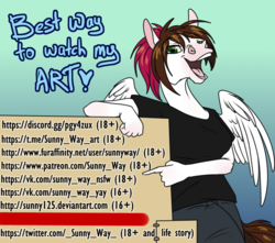 Size: 1280x1131 | Tagged: safe, artist:sunny way, oc, oc only, oc:sunny way, pegasus, anthro, rcf community, advertisement, clothes, female, pegasus oc, tumblr, tumblr 2018 nsfw purge, wings