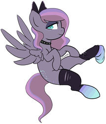 Size: 1280x1486 | Tagged: safe, artist:kitsuna020, oc, oc only, pegasus, pony, blank flank, blue eyes, bow, choker, clothes, dressing, female, flying, freckles, hair bow, jewelry, mare, necklace, purple hair, ripped stockings, simple background, smiling, socks, solo, spread wings, stockings, thigh highs, white background, wings