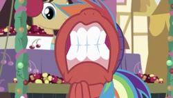 Size: 736x417 | Tagged: safe, screencap, cherry cola, cherry fizzy, rainbow dash, pony, g4, hearth's warming shorts, my little pony best gift ever, triple pony dare ya, clothes, constipated, faic, rainbow dash is best facemaker, red face, scarf, teeth, winter outfit