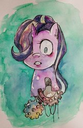 Size: 1439x2224 | Tagged: safe, artist:awk44, starlight glimmer, pony, unicorn, g4, bust, female, gears, hair over one eye, head, portrait, solo, traditional art