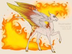 Size: 1280x960 | Tagged: safe, artist:dementra369, daybreaker, alicorn, pony, g4, cloven hooves, colored, concave belly, curved horn, fangs, female, hooves, horn, large wings, leonine tail, long horn, mane of fire, mare, raised hoof, simple background, slender, solo, spread wings, thin, thin legs, unshorn fetlocks, wings