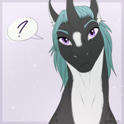 Size: 2100x2100 | Tagged: safe, artist:dementra369, oc, oc only, pony, unicorn, bust, high res, looking at you, male, portrait, question mark, solo, speech bubble, stallion