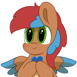 Size: 500x500 | Tagged: safe, artist:redquoz, oc, oc only, oc:allegra mazarine, pegasus, pony, bipedal, blue heart, blushing, bust, chibi, female, green eyes, mare, medibang paint, paintstorm studio, simple background, smiling, spread wings, transparent background, two toned mane, two toned wings, wings
