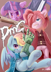 Size: 2480x3508 | Tagged: safe, artist:yunlongchen, pinkie pie, rainbow dash, twilight sparkle, pony, g4, amputee, clothes, crossover, dante (devil may cry), devil breaker, devil may cry, devil may cry 5, high res, ivory (devil may cry), nero (devil may cry), prosthetic limb, prosthetics, v (devil may cry)