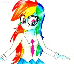 Size: 1754x1513 | Tagged: safe, artist:liaaqila, rainbow dash, equestria girls, g4, clothes, female, glasses, licking, licking lips, school uniform, solo, tongue out, traditional art