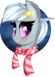 Size: 1280x1792 | Tagged: safe, artist:brok-enwings, silverspeed, pony, g4, accessory, background pony, blushing, bust, clothes, female, hair accessory, looking at you, mare, scarf, simple background, smiling, smiling at you, solo