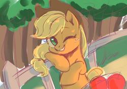 Size: 1087x761 | Tagged: safe, artist:oofycolorful, applejack, earth pony, pony, g4, cowboy hat, cute, female, hat, jackabetes, mare, one eye closed, smiling, solo, wink