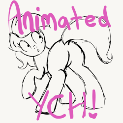 Size: 849x849 | Tagged: safe, artist:lannielona, pony, advertisement, animated, awkward, butt, caption, commission, dock, featureless crotch, gif, gif with captions, looking at you, plot, raised hoof, raised tail, shocked, sketch, solo, surprised, tail, your character here