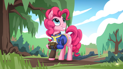 Size: 1920x1080 | Tagged: safe, artist:mysticalpha, pinkie pie, earth pony, pony, g4, clothes, fallout, fallout 76, female, grin, jumpsuit, looking up, mare, outdoors, pipboy, raised hoof, smiling, solo, this will not end well, tree, turned head, vault suit