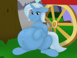 Size: 1280x960 | Tagged: safe, artist:theimmortalwolf, trixie, pony, unicorn, g4, belly, big belly, female, floppy ears, looking at you, mare, outie belly button, pregnant, smiling, trixie's wagon, wheel