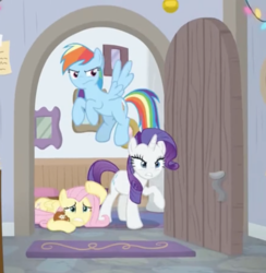 Size: 876x898 | Tagged: safe, screencap, fluttershy, rainbow dash, rarity, pony, g4, hearth's warming shorts, my little pony best gift ever, mystery voice, door, trio