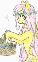 Size: 966x1574 | Tagged: safe, artist:abbykaskaya, fluttershy, pegasus, pony, g4, basket, bipedal, female, floral head wreath, flower, flower basket, heart, hoof hold, looking at you, looking sideways, mare, profile, simple background, smiling, solo, white background, wings
