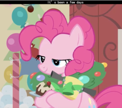 Size: 1770x1562 | Tagged: safe, screencap, pinkie pie, earth pony, pony, g4, hearth's warming shorts, my little pony best gift ever, the great escape room, cropped, female, mid-blink screencap, solo, text