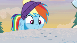 Size: 1280x720 | Tagged: safe, screencap, rainbow dash, pegasus, pony, g4, my little pony best gift ever, beanie, clothes, cute, dashabetes, female, footprint, hat, mare, paw prints, scarf, snow, solo, winter outfit