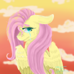 Size: 1024x1024 | Tagged: safe, artist:stormie-the-kitty, fluttershy, pegasus, pony, g4, bust, crying, eyebrows, female, floppy ears, looking at you, looking back, looking back at you, looking sideways, mare, sad, sky, solo, stray strand, teary eyes, turned head, vent art, wings