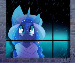 Size: 1280x1078 | Tagged: dead source, safe, artist:shellielle, princess luna, alicorn, pony, g4, bust, clothes, female, glasses, looking up, mare, rain, solo, window