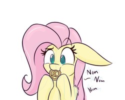 Size: 1000x800 | Tagged: safe, artist:heir-of-rick, fluttershy, pegasus, pony, g4, bust, cute, eating, female, floppy ears, food, hoof hold, mare, nom, pretzel, shyabetes, simple background, solo, white background