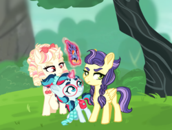 Size: 1141x866 | Tagged: safe, artist:whalepornoz, oc, oc only, oc:coldwave, oc:flitter flutter, oc:sweety boo boo, pegasus, pony, unicorn, braid, clothes, freckles, glasses, glowing horn, grass, horn, magic, offspring, parent:dandy grandeur, parent:neon lights, parent:soarin', parent:sour sweet, parent:spitfire, parent:vinyl scratch, parents:dandysweet, parents:soarinfire, parents:vinylights, pigtails, poster, saddle bag, scarf