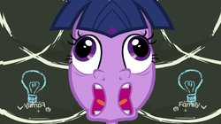 Size: 656x368 | Tagged: safe, edit, edited screencap, screencap, twilight sparkle, alicorn, pony, best gift ever, g4, chalkboard, crazy face, derp, discovery family logo, faic, female, invisible stallion, lightbulb, nightmare fuel, not salmon, open mouth, pudding face, solo, twilight sparkle (alicorn), twilight sparkle is best facemaker, unitinu, wat