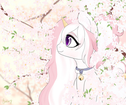 Size: 6000x5000 | Tagged: safe, artist:bestiary, oc, oc only, pony, unicorn, absurd resolution, cherry blossoms, digital art, female, flower, flower blossom, jewelry, looking up, mare, necklace, signature, smiling, solo, ych result