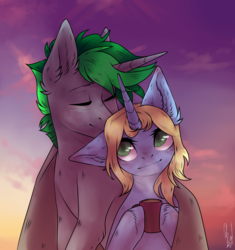 Size: 2544x2702 | Tagged: safe, artist:cappifilk, oc, oc only, oc:art's desire, pony, unicorn, digital art, duo, ear fluff, eyes closed, female, high res, male, mare, oc x oc, shipping, signature, smiling, stallion, straight, sunset, ych result