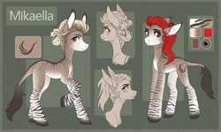Size: 3041x1809 | Tagged: safe, artist:koviry, oc, oc only, oc:mikaella, hybrid, pony, zebra, zonkey, fallout equestria, alternate hairstyle, branding, fallout equestria: of shadows, female, long ears, reference sheet, solo