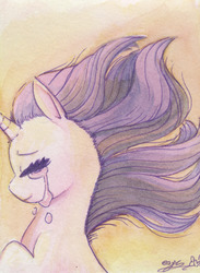 Size: 1280x1747 | Tagged: safe, artist:espeonna, oc, oc only, pony, unicorn, crying, sad, smiling, solo, traditional art, watercolor painting