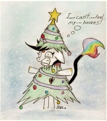 Size: 782x885 | Tagged: safe, artist:brogararts, oc, oc only, oc:lightning bliss, alicorn, pony, alicorn oc, bipedal, christmas, christmas tree, female, freezing, holiday, leonine tail, mare, pun, snow, solo, thought bubble, traditional art, tree, visual pun