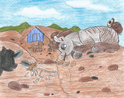 Size: 1104x876 | Tagged: safe, artist:69beas, oc, oc only, earth pony, pony, unicorn, archaeology, brush, cloud, digging, fossil, outdoors, solo, tent, traditional art