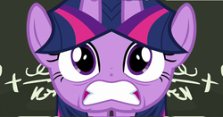 Size: 690x362 | Tagged: safe, edit, edited screencap, screencap, twilight sparkle, alicorn, pony, g4, my little pony best gift ever, chalkboard, faic, female, mare, pudding face, solo, twilight sparkle (alicorn), unitinu, wat