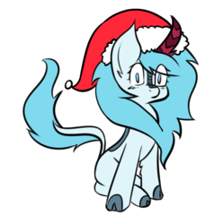 Size: 855x861 | Tagged: safe, artist:exvius, oc, oc only, oc:frost flare, kirin, 2019 community collab, derpibooru community collaboration, christmas, cloven hooves, hat, holiday, kirin oc, santa hat, simple background, sitting, solo, transparent background