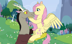 Size: 1440x886 | Tagged: safe, artist:69beas, discord, fluttershy, draconequus, pegasus, pony, g4, blushing, cute, discute, eye contact, female, holding a pony, looking at each other, male, nuzzling, profile, ship:discoshy, shipping, shyabetes, smiling, spread wings, straight, wings