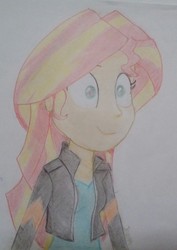 Size: 1358x1920 | Tagged: safe, artist:jeqdor, sunset shimmer, equestria girls, friendship through the ages, g4, clothes, female, photo, simple background, smiling, solo, traditional art