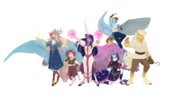 Size: 1155x691 | Tagged: safe, artist:penrosa, applejack, fluttershy, pinkie pie, rainbow dash, rarity, twilight sparkle, alicorn, draconequus, earth pony, pegasus, unicorn, anthro, unguligrade anthro, fanfic:my little pony: the unexpected future, amputee, armpits, artificial wings, augmented, draconequified, eye scar, female, flutterequus, hook, hook hand, leonine tail, magic, mane six, mechanical wing, missing eye, missing hand, missing limb, prosthetic limb, prosthetic wing, prosthetics, scar, size difference, species swap, stump, twilight sparkle (alicorn), wings