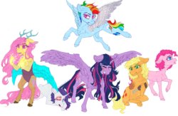 Size: 1600x1041 | Tagged: safe, artist:castaspellliana, applejack, fluttershy, pinkie pie, rainbow dash, rarity, twilight sparkle, alicorn, draconequus, earth pony, pegasus, pony, unicorn, fanfic:my little pony: the unexpected future, amputee, artificial wings, augmented, crying, draconequified, eye scar, female, flutterequus, hook, magic, mane six, mare, mechanical wing, missing eye, missing limb, prosthetic limb, prosthetic wing, prosthetics, sad, scar, species swap, stump, twilight sparkle (alicorn), wings
