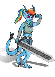 Size: 3000x4200 | Tagged: safe, artist:lizardwithhat, rainbow dash, tiefling, anthro, dungeons and discords, g4, belly button, blue skin, boob window, claws, clothes, crossover, cute, dungeons and dragons, female, gradient eyes, horns, midriff, muscles, pen and paper rpg, ponytail, rainbow hair, rpg, runes, salute, shorts, simple background, solo, species swap, spotted, sword, tank top, walking, weapon