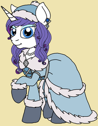 Size: 844x1076 | Tagged: safe, artist:rosefang16, rarity, pony, unicorn, g4, alternate hairstyle, boots, bundled up, clothes, coat, ear piercing, earring, eyeshadow, female, hat, jewelry, makeup, mare, necklace, pearl necklace, piercing, raised hoof, shoes, simple background, solo, tan background, winter, winter outfit