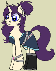 Size: 764x972 | Tagged: safe, artist:rosefang16, oc, oc only, oc:violet aurora, pony, unicorn, boots, bracelet, chest fluff, clothes, dress, ear piercing, earring, female, gala dress, jewelry, mare, nose piercing, nose ring, piercing, shoes, simple background, solo, tan background, wristband