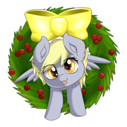 Size: 688x688 | Tagged: safe, artist:tokokami, derpy hooves, pony, g4, :p, chibi, cute, derpabetes, female, mare, ribbon, silly, solo, tongue out, wreath