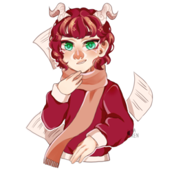 Size: 620x610 | Tagged: safe, artist:laharen, oc, oc only, oc:eri rebecula, human, clothes, green eyes, horns, humanized, red hair, scarf, solo