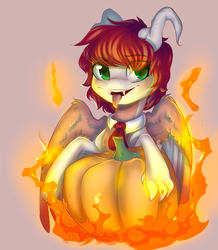 Size: 2125x2440 | Tagged: safe, artist:falafeljake, oc, oc only, oc:eri rebecula, dracaven, original species, claws, eye clipping through hair, fangs, fire, high res, horns, necktie, pumpkin, solo, tongue out, wings, ych result