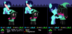 Size: 3845x1834 | Tagged: safe, artist:foal, spoiler:deltarune, ambiguous gender, blushing, clothes, colt, crossover, deltarune, fluffy boi, glasses, hat, hug, kris, male, ralsei, robe, scarf, sword, weapon, wizard hat