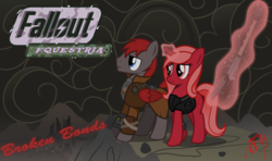 Size: 1600x949 | Tagged: safe, artist:brisineo, oc, oc only, oc:cherry sundae, oc:crimson wings, pegasus, pony, unicorn, fallout equestria, fallout equestria: broken bonds, clothes, cloud, fanfic, fanfic art, fanfic cover, female, glowing horn, gun, hooves, horn, levitation, magic, male, mare, optical sight, pipbuck, rifle, ruins, smiling, sniper rifle, stallion, telekinesis, text, wasteland, weapon, wings