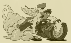 Size: 1412x854 | Tagged: safe, artist:pagecartoons, oc, oc only, oc:sky spear, oc:wireless fuzz, cyborg, pegasus, pony, amputee, braid, braided tail, commission, duo, dust, female, mare, monochrome, motorcycle, prosthetic limb, prosthetics, simple background, sketch