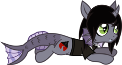 Size: 1192x641 | Tagged: safe, artist:lightningbolt, derpibooru exclusive, half-siren, hybrid, pony, g4, .svg available, bring me the horizon, clothes, curved horn, eyeliner, fangs, fins, fish tail, hair over one eye, horn, jewelry, kellin quinn, makeup, male, necklace, ponified, prone, scales, shirt, show accurate, simple background, sleeping with sirens, slit pupils, smiling, solo, svg, t-shirt, transparent background, vector