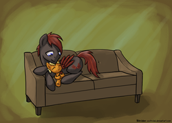 Size: 1400x1000 | Tagged: safe, artist:stridah, oc, oc:cherished chance, oc:crimson wings, pony, fallout equestria, fallout equestria: broken bonds, couch, cuddling, duo, fanfic art, simple background