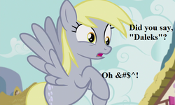 Size: 660x396 | Tagged: safe, edit, edited screencap, editor:korora, screencap, derpy hooves, pegasus, pony, g4, slice of life (episode), caption, censored vulgarity, cropped, dialogue, doctor who, female, grawlixes, implied dalek, mare