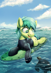 Size: 1200x1723 | Tagged: safe, artist:tsitra360, sandbar, earth pony, pony, reptile, turtle, g4, male, sea turtle, sky, smiling, solo, surfboard, swimming, teenager, water, wetsuit